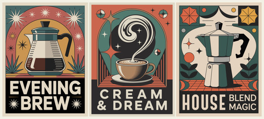 A vibrant retro coffee triptych featuring pour-over, steaming cup, and moka pot designs in bold mid-century colors with geometric patterns and vintage typography