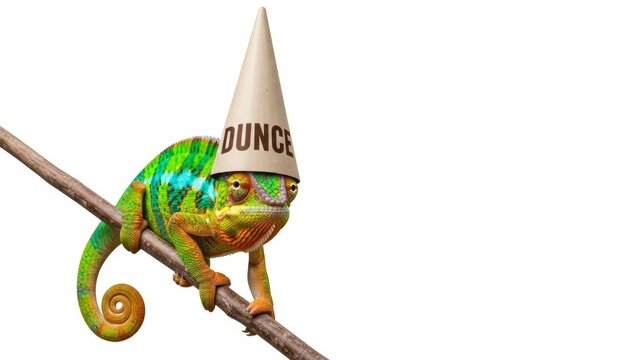 chameleon wearing a dunce cap hat, dim, dumb, stupid, on a white background, animal photo