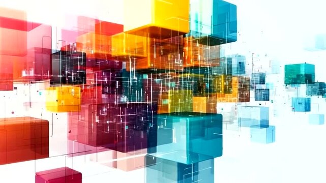 Colorful 3D cubes floating in mid-air with digital code background