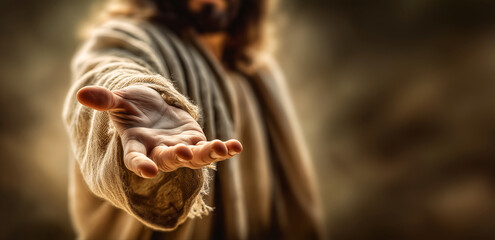 Naklejka premium Hand of Jesus Christ Reaching Out Banner with Copy Space