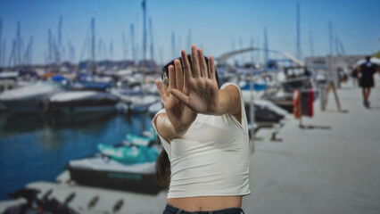 Woman in white top and jeans with hands raised blocking face on street by boats and dock pier; shyness privacy reluctance.