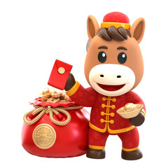 3D Rendering Cartoon Horse Zodiac with Lunar New Year Decoration