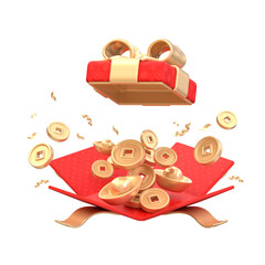 Festive 3D Rendering of Chinese New Year Gift Box and Coins Abundance