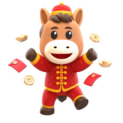 Cute Cartoon Style Horse Character Celebrating Chinese Lunar New Year Celebration