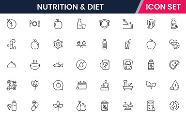 Nutrition and Diet, Healthy Food, and Detox Diet Vector Icons. Contains such Icons as Metabolism, Caunt Calories, Palm oil free, Zero trans fat, Probiotics, and more. Simple Outline icons collection.