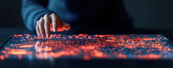A hand interacts with a glowing digital map, showcasing vibrant lights and intricate details in a dark setting, suggesting advanced technology and exploration.