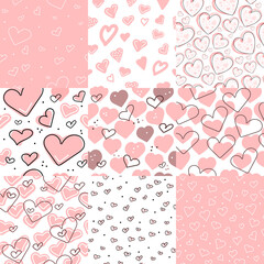 A collection of seamless patterns for Valentine's Day. A set of patterns with hand-drawn hearts. Pink background.