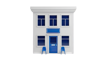 Clean White Two Story Building With Blue Accents And Dark Windows Exterior View On A Transparent Background Minimalist Architecture Style