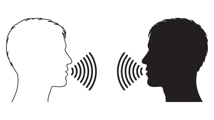 Dual profile communication illustration with black and white faces and symmetrical sound waves