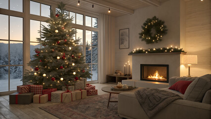 Cozy Christmas living room with decorated tree and fireplace in winter evening light 

