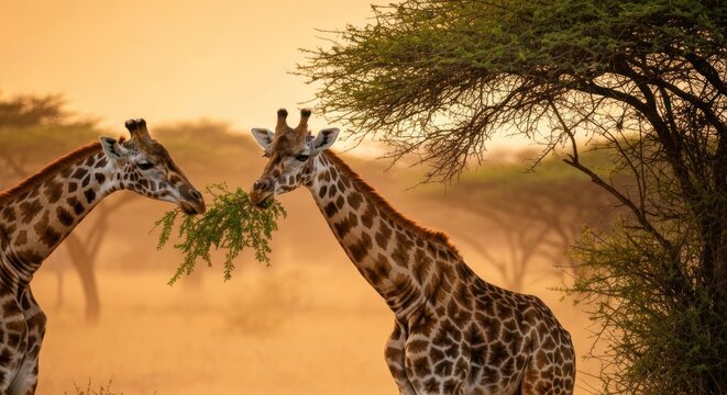 Two giraffes feed on leafy branches in an African savanna setting - Powered by Adobe