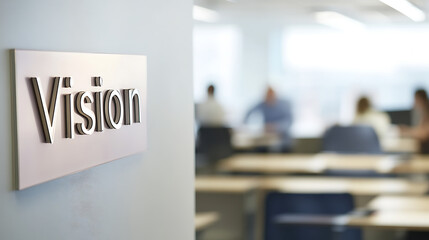 A sign reading "Vision" is mounted on a wall, partially obscuring view of a modern, open-plan office setting where several people are working at their desks, blurred in the background.