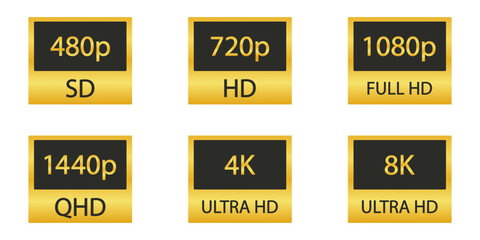 Video Resolution Icons Set. Display Quality And Screen Resolution Gold Symbol Collection. Multimedia And Technology Use. Isolated Vector Illustration
