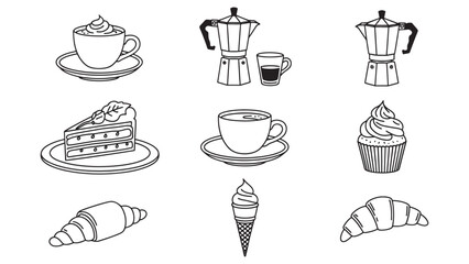 Cafe and bakery line art grid with coffee cups, moka pots, cake slice, cupcake and croissants