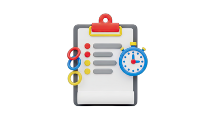 Clipboard checklist with red and yellow rings and a blue stopwatch on a transparent background representing task completion and time management