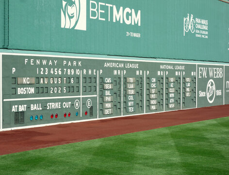 Boston, MA - USA - 08-06-2025: The scoreboard and green monster left field wall at Fenway Park, home of the Boston Red Sox Major League Baseball team