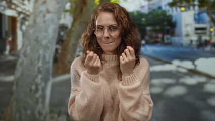 Woman smiling on a city street making money gesture wearing glasses and sweater surrounded by urban...