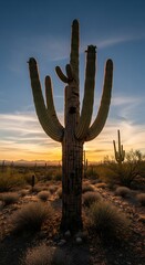 A towering cactus silhouetted against a golden sunset in a desert landscape with other cacti and desert flora
