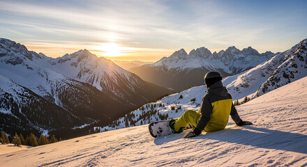 Snowboarder resting on snowy slope at sunset with distant mountains and alpine landscape