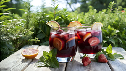 Refreshing summer fruit drink with strawberries and lemon on wooden table surrounded by greenery
