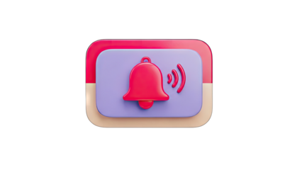 3D Red Bell Icon with Waves on Rounded Rectangles in Pastel Colors on Transparent Background