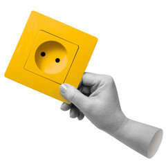 Hand holding yellow electrical socket. Represents connection, power, or infrastructure in technology. Part of series
