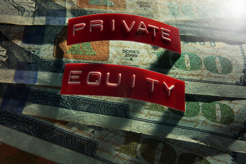 Red Private Equity labels on assorted hundred dollar bills