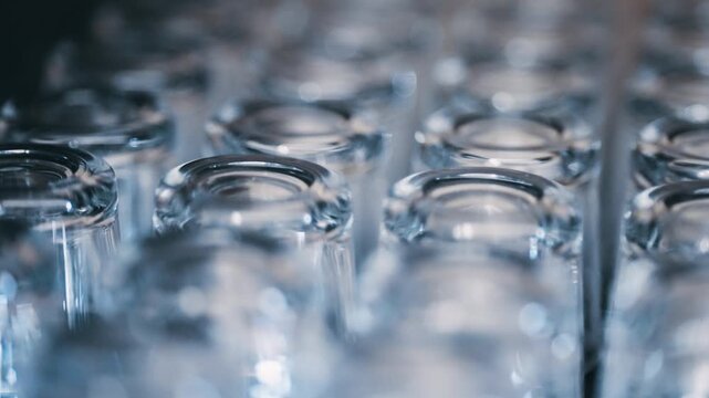 Close-up of washed glassware arranged in rows with a shallow depth of field in dishwasher