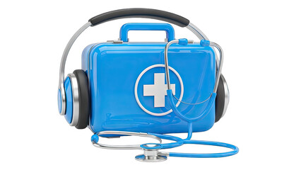 Blue Medical First Aid Kit With Headphones And Stethoscope On A Transparent Background Medical Concept