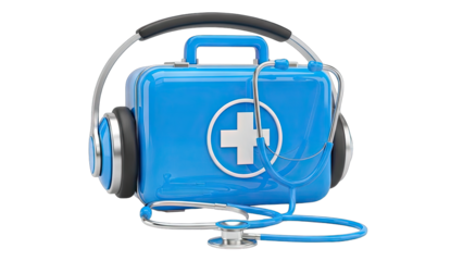 Blue Medical First Aid Kit With Headphones And Stethoscope On A Transparent Background Medical Concept