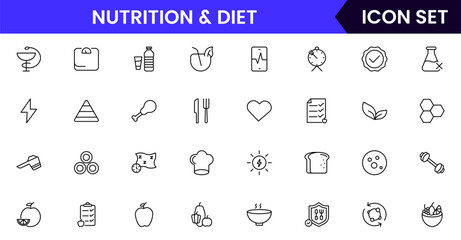 Nutrition and Diet, Healthy Food, and Detox Diet Vector Icons. Contains such Icons as Metabolism, Caunt Calories, Palm oil free, Zero trans fat, Probiotics, and more. Simple Outline icons collection.