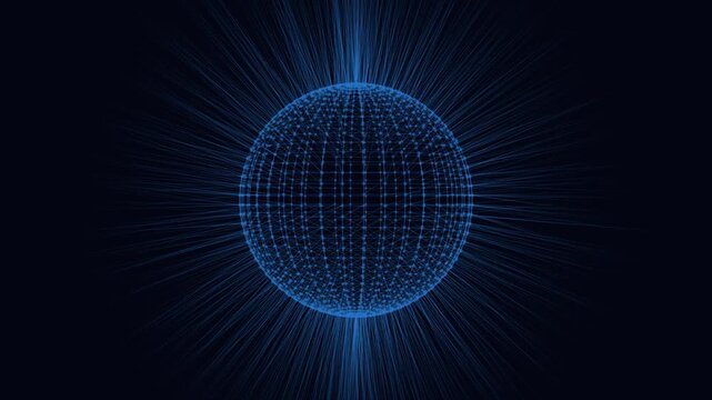 Futuristic abstract plexus sphere with beams of light. Energy science fiction ball. High-tech sphere on dark blue background. Seamless loop 4K