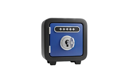 Blue Metal Safe with Black Trim and Silver Keyhole and Numeric Keypad Illuminated by Soft Studio Lighting on a Transparent Background