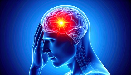 Obraz premium A glowing red region inside a transparent 3D human head highlights intense brain activity or pain, with the figure holding their head in distress, set against a blue medical-style background.