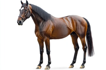 Obraz premium Brown horse standing sideways, bridle on, with a white background