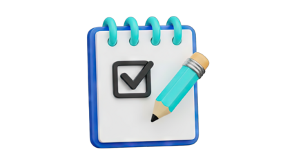 Cartoon 3D Icon of a White Notepad with a Blue Spiral Binding and a Teal Pencil Marking a Black Checkbox in a Square Frame with a Transparent Background