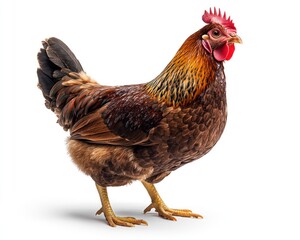 Fototapeta premium Brown chicken stands on white. Detailed feathers, wattle, comb, eye visible