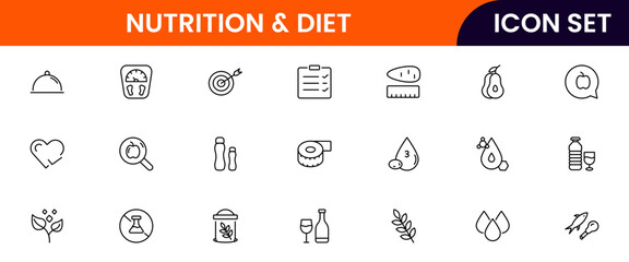 Nutrition and Diet, Healthy Food, and Detox Diet Vector Icons. Contains such Icons as Metabolism, Caunt Calories, Palm oil free, Zero trans fat, Probiotics, and more. Simple Outline icons collection.