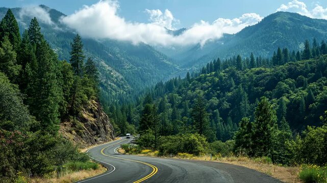 Scenic winding road through green mountain forest with clouds and blue sky on a peaceful summer day