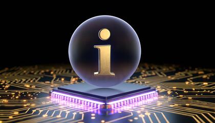 Golden information icon on a glowing circuit board and CPU, symbolizing digital knowledge and technology, information symbol floats above a computer processor representing data and innovation