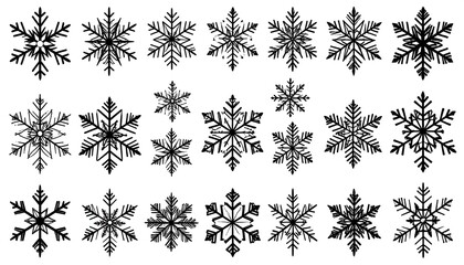 A collection of meticulously drawn black snowflake designs, each with unique intricate details. Arranged in rows, they vary in size and complexity