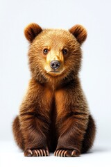 Obraz premium Close-up of a young brown bear cub sitting against a bright, clean white backdrop