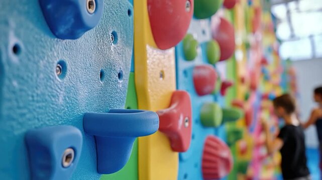 Video A vibrant and detailed shot of a climbing wall's surface, featuring bold colors and textures