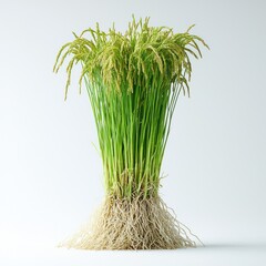 Fototapeta premium Clump of green rice plants with grain heads and roots against white background