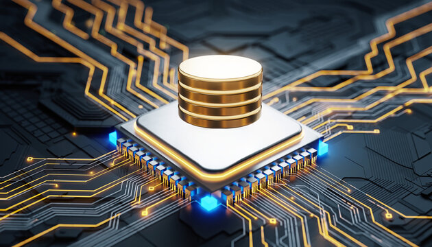 Golden database icon rests on a futuristic computer processor with glowing circuit board pathways, A stylized golden stack of coins symbolizing data storage sits atop a central processing unit - Powered by Adobe