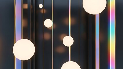 Modern abstract lighting fixture with glowing spheres and iridescent panels