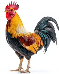 Fototapeta premium Colorful rooster stands alert, with vibrant feathers and red comb, isolated