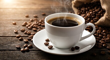 Obraz premium Steaming hot coffee in a white cup with roasted coffee beans scattered on a rustic wooden table.
