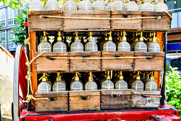 Vintage soda siphon bottles, carbonated water, packaged in wooden crates