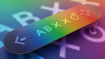 Skateboard Rainbow Art: An eye-catching skateboard with a vibrant rainbow design, with game controller graphic, showcasing modern artistic expression and skateboard culture.